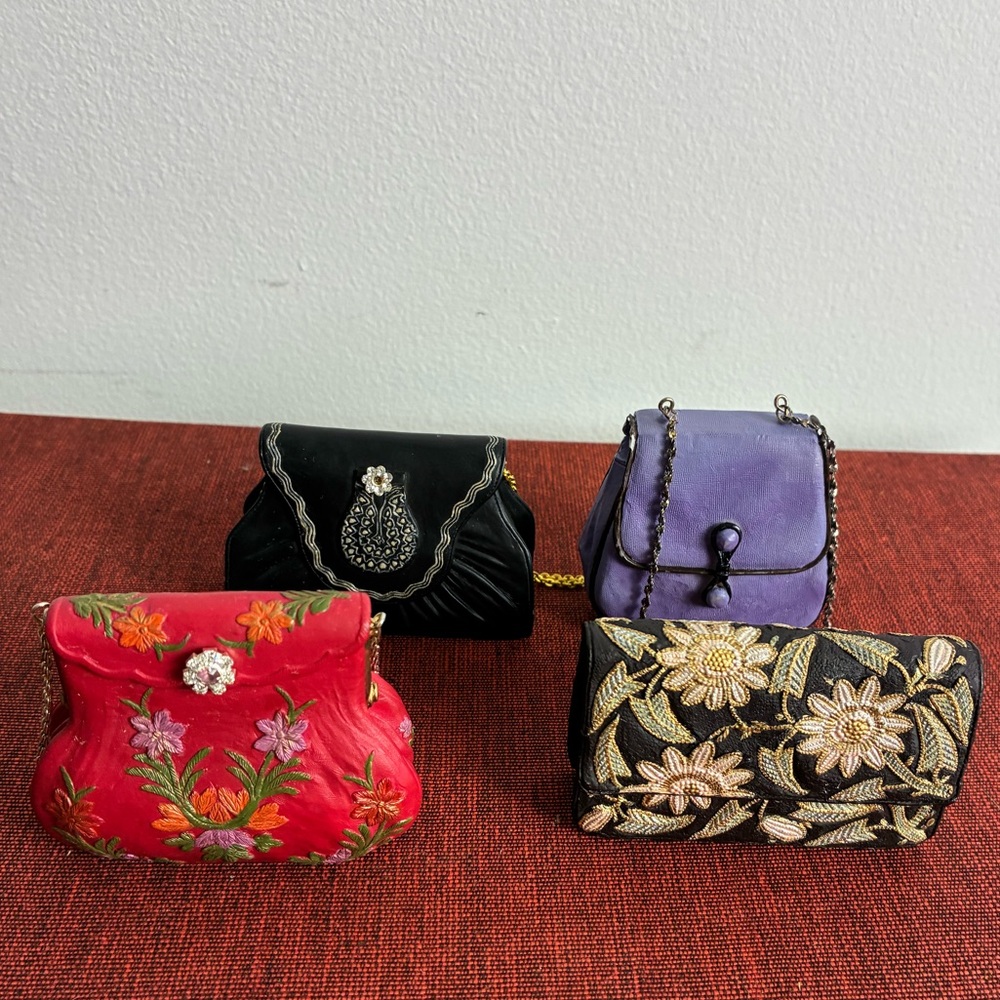 Set of 4 Vintage Ceramic Purse Figurines – Mini Handbag Decor Collection